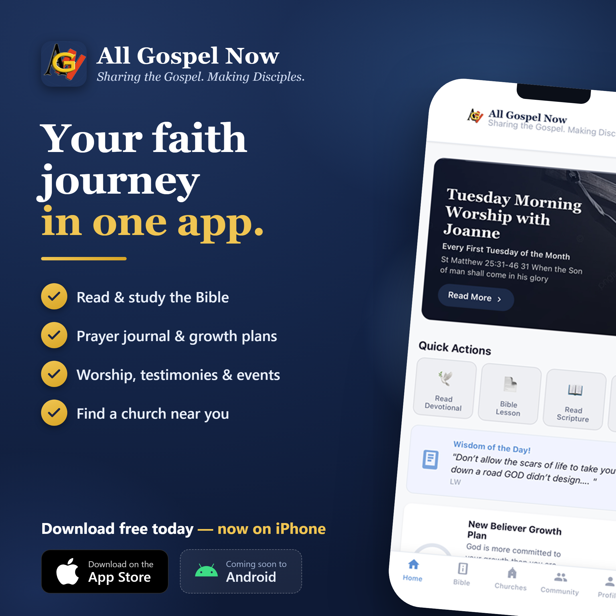 All Gospel Now app shown on a phone, featuring Tuesday Morning Worship, Quick Actions, and Wisdom of the Day
